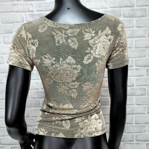 Vintage 90s Cache Womens S‎ Gold Rose Floral Stretchy Crop Top Short Sleeve - Picture 3 of 6